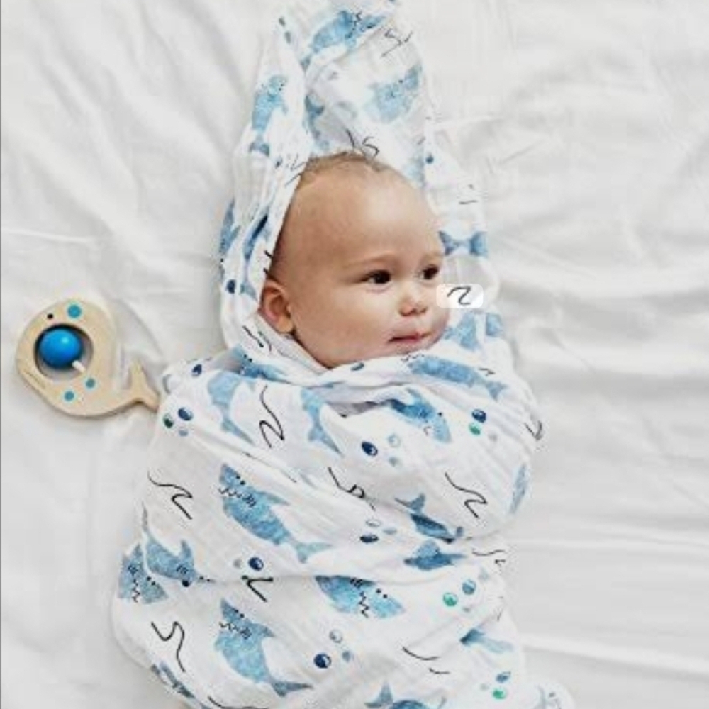 New Addison Belle Blue Shark Swaddle Blanket